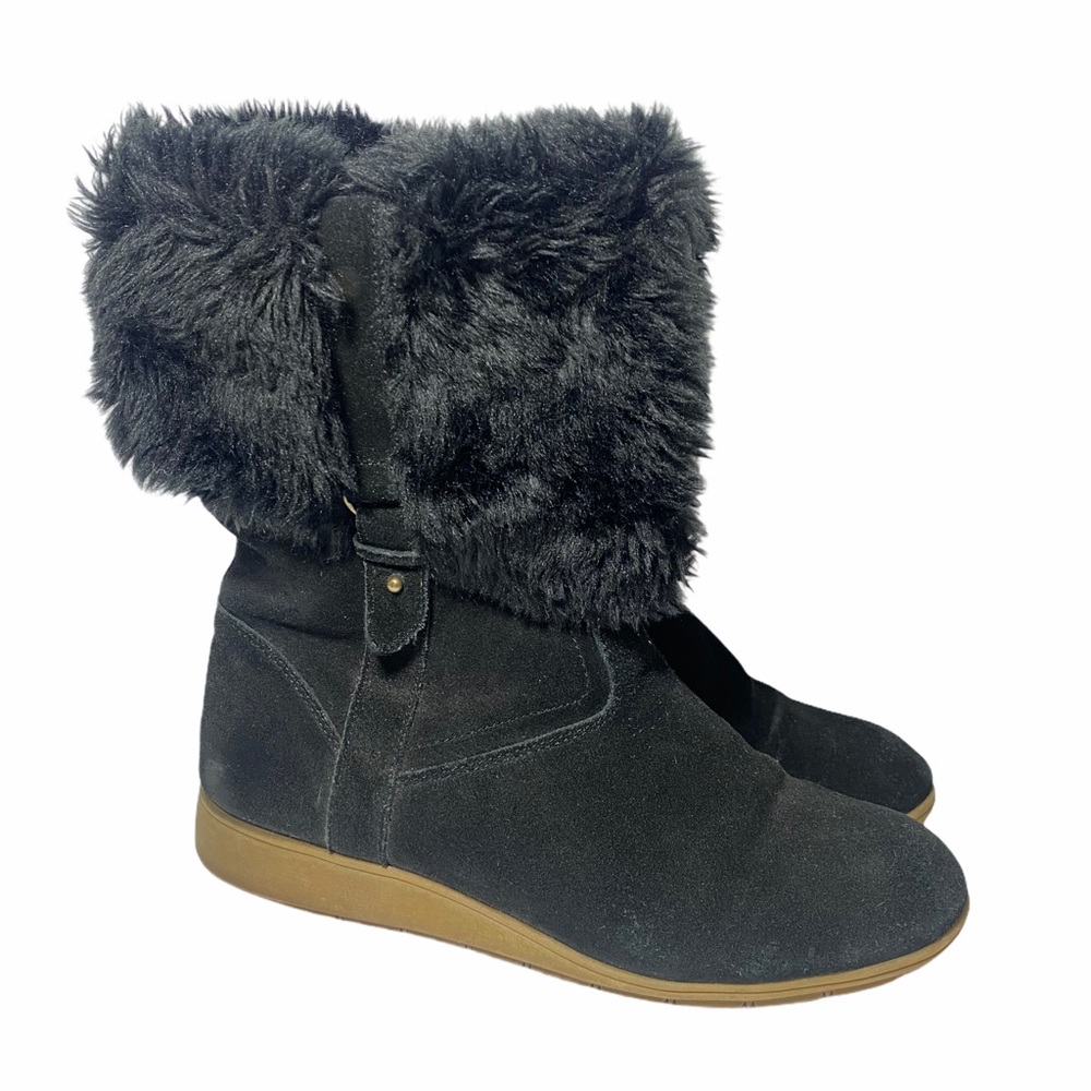 Lands End Mendota Black Suede Faux Fur Mini Wedge Boots Size 8 Y2K